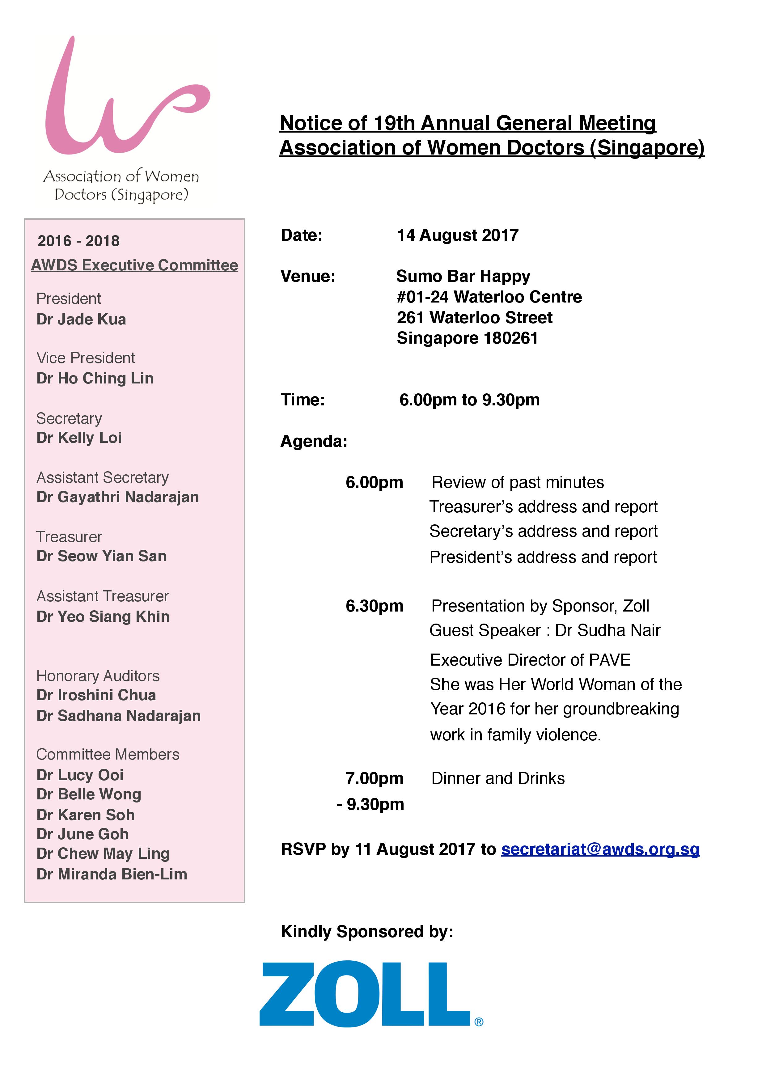 Notice of 19th Annual General Meeting Association of Women Doctors (Singapore) 2017